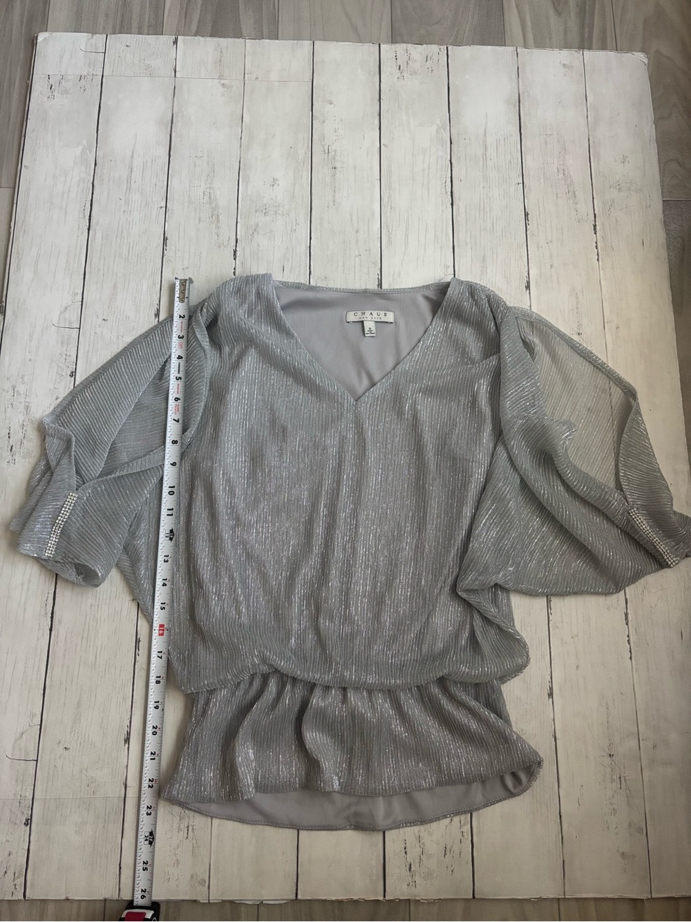 Chaus Silver Metallic V-Neck Peplum Blouse
